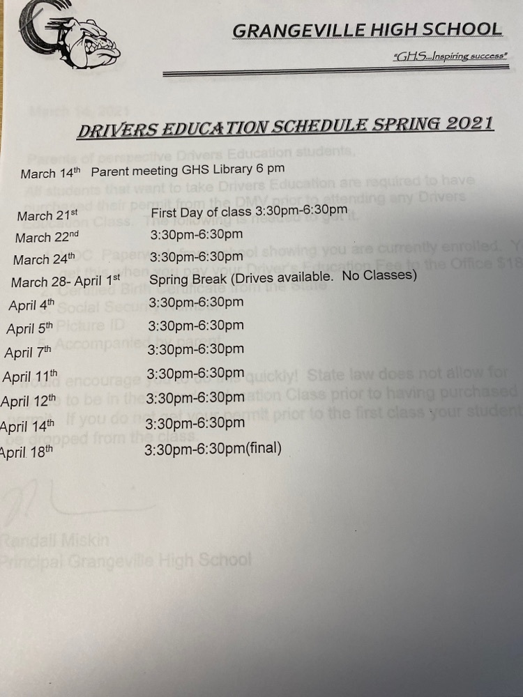 Drivers Education class schedule 