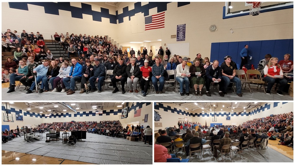 A collage of pictures showing Veterans and students gathered at the Veteran's day assembly in the gym